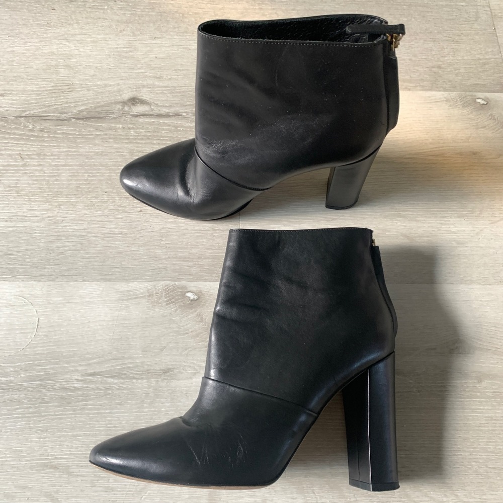 J.Crew Black Italian Leather Block Heel Ankle Boots E0825 Womens 10 Pointed Toe